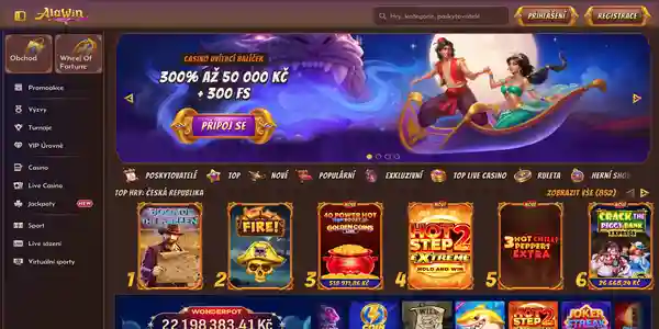 Mobilní úvodní stránka Alawin Casino v češtině