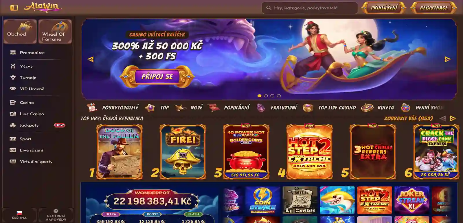 Úvodní stránka Alawin Casino s nabídkou her