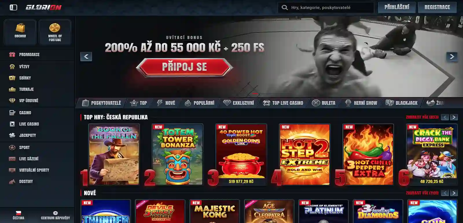 Úvodní stránka Glorion Casino s nabídkou her